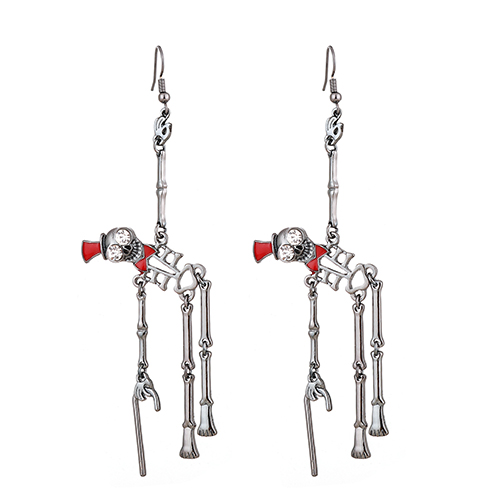 Fankeshow Halloween Earrings, Spooky Skull Earrings, Womens Girl Black Gentleman Skeleton with Staff Earrings Hook, Red Oil Drop Carnival Party Gift for Women Girls