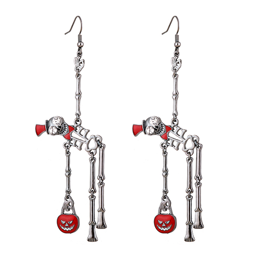 Fankeshow Halloween Earrings, Spooky Skull Earrings for Womens Girl Black Gentleman Skeleton with Pumpkin Earrings Hook, Red Oil Drop Carnival Party Gift for Women Girls