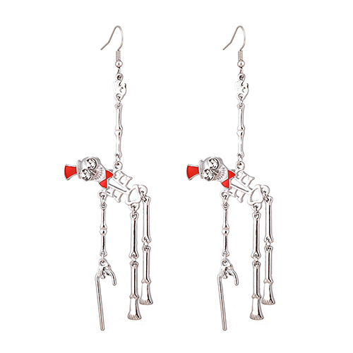 Fankeshow Halloween Earrings, Spooky Skull Earrings for Womens Girl Silver Gentleman Skeleton with Staff Earrings Hook, Orange Oil Drop Carnival Party Gift for Women Girls