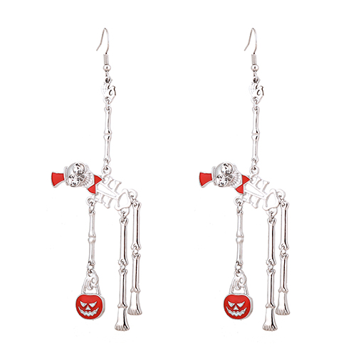 Fankeshow Halloween Earrings, Spooky Skull Earrings for Womens Girl Silver Gentleman Skeleton with Pumpkin Earrings Hook, Orange Oil Drop Carnival Party Gift for Women Girls
